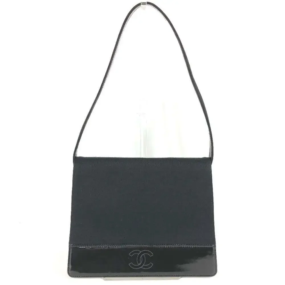 CHANEL Vintage Black Leather Logo Shoulder Bag